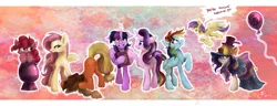 Size: 3900x1500 | Tagged: safe, artist:yummiestseven65, derpibooru import, alula, applejack, fluttershy, pinkie pie, pluto, princess erroria, rainbow dash, rarity, starlight glimmer, twilight sparkle, twilight sparkle (alicorn), alicorn, pegasus, pony, unicorn, fame and misfortune, 4chan, anti-rarity, anti-rarity logo, anti-rarity sign, balloon, clothes, cross-popping veins, female, group, mane six, mare, rarity logo, rarity sign