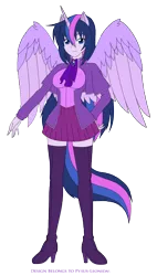 Size: 1756x3098 | Tagged: artist:pyrus-leonidas, boots, clothes, derpibooru import, horned humanization, human, humanized, looking at you, next generation, oc, oc:princess silvia, offspring, parent:flash sentry, parents:flashlight, parent:twilight sparkle, safe, shoes, simple background, smiling, thigh boots, transparent background, unofficial characters only, winged humanization, wings