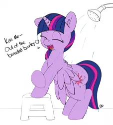 Size: 1280x1407 | Tagged: safe, artist:pabbley, derpibooru import, twilight sparkle, twilight sparkle (alicorn), alicorn, pony, 30 minute art challenge, adorkable, cute, dialogue, dork, eyes closed, female, kiss me, mare, open mouth, plot, shower, singing, singing in the shower, sixpence none the richer, solo, song reference, twiabetes