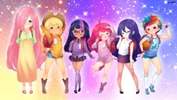 Size: 2560x1440 | Tagged: safe, artist:born-to-die, derpibooru import, applejack, fluttershy, pinkie pie, rainbow dash, rarity, twilight sparkle, human, abstract background, alternate hairstyle, anime, anime style, arm band, armlet, backpack, basketball, boots, bracelet, braid, clothes, cowboy hat, cutie mark accessory, cutie mark on clothes, digital art, dress, earring, female, glasses, hair accessory, hair tie, hat, human female, humanized, jewelry, leg warmers, light skin, looking at you, mane six, moderate dark skin, multicolored hair, name tag, necklace, necktie, one eye closed, open mouth, patch, pom pom (clothes), randoseru, sandals, school uniform, shirt, shoes, short skirt, shorts, skirt, smiling, sneakers, socks, stetson, stockings, sweat, sweater dress, tongue out, wink, younger