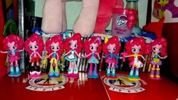 Size: 1536x864 | Tagged: safe, derpibooru import, apple bloom, pinkie pie, pony, equestria girls, collection, doll, duality, equestria girls minis, eqventures of the minis, human ponidox, irl, merchandise, multeity, my little pony logo, photo, plushie, self ponidox, too much pink energy is dangerous, toy