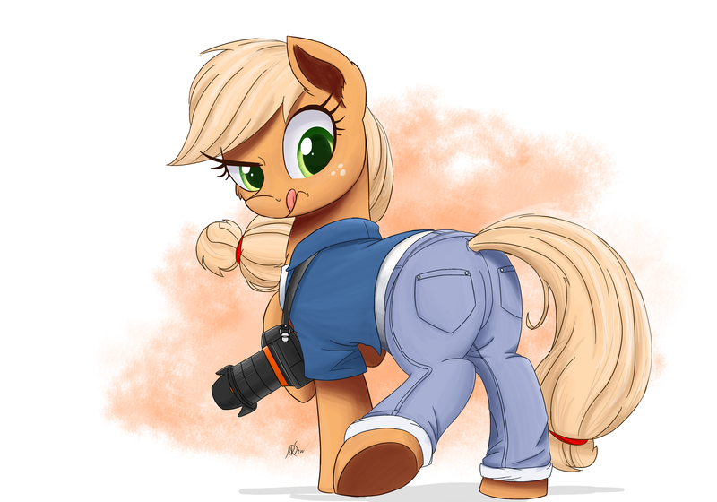 Size: 2700x1890 | Tagged: safe, artist:j24262756, derpibooru import, applejack, earth pony, pony, atg 2017, camera, clothes, female, freckles, looking back, mare, newbie artist training grounds, photo, solo, tongue out