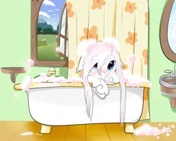 Size: 4000x3200 | Tagged: safe, artist:pastel-pony-princess, derpibooru import, oc, oc:sylphie, unofficial characters only, pony, bath, bathtub, bubble, claw foot bathtub, cute, faucet, foam, grass, heart eyes, mirror, scenery, shower curtain, sink, solo, wet mane, window, wingding eyes, wooden floor