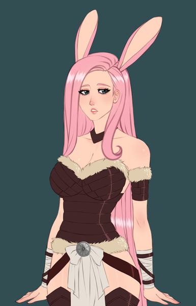 Size: 1000x1557 | Tagged: artist:crimsonsnow, breasts, bunny ears, bunnyshy, cleavage, crossover, derpibooru import, eared humanization, female, fluttershy, gate, human, humanized, solo, solo female, suggestive