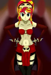 Size: 1500x2200 | Tagged: suggestive, artist:jupiterthebigorange, derpibooru import, sunset shimmer, equestria girls, anime, breasts, cleavage, clothes, cosplay, costume, crossover, female, skirt, socks, solo, solo female, sram, thigh highs, wakfu