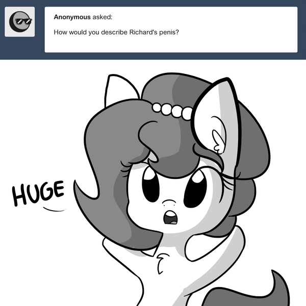 Size: 1650x1650 | Tagged: suggestive, artist:tjpones, derpibooru import, edit, editor:dsp2003, oc, oc:brownie bun, unofficial characters only, earth pony, pony, horse wife, :o, ask, boasting, chest fluff, ear fluff, female, grayscale, huge, looking at you, mare, monochrome, open mouth, outstretched arms, simple background, size matters, solo, solo female, tumblr, white background, wide eyes