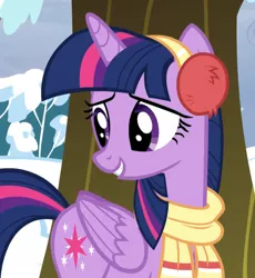 Size: 730x795 | Tagged: safe, derpibooru import, screencap, twilight sparkle, twilight sparkle (alicorn), alicorn, pony, tanks for the memories, adorkable, clothes, cropped, cute, dork, earmuffs, female, folded wings, mare, nature, outdoors, scarf, snow, solo, tree, twiabetes