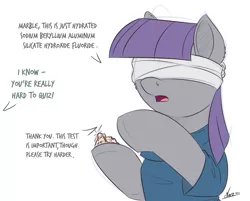 Size: 1500x1206 | Tagged: safe, artist:ncmares, derpibooru import, maud pie, pony, atg 2017, blindfold, clothes, dialogue, female, implied marble pie, newbie artist training grounds, offscreen character