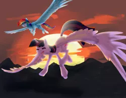 Size: 1011x791 | Tagged: safe, artist:kyuremgirl, artist:sugguk, derpibooru import, rainbow dash, twilight sparkle, twilight sparkle (alicorn), alicorn, pegasus, pony, collaboration, duo, dusk, flying, flying lesson, mountain, spread wings, sunset, wings