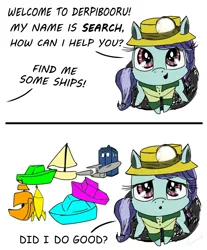 Size: 1038x1251 | Tagged: safe, artist:chopsticks, derpibooru import, oc, oc:search, ponified, unofficial characters only, earth pony, pony, derpibooru, chibi, clothes, cute, derpibooru ponified, doctor who, enterprise, female, hat, hnnng, literal minded, looking at you, looking up, magnifying glass, meta, offscreen character, rule 34, searching, ship, shipper on deck, shipping, simple background, sitting, solo, tardis, text