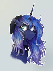 Size: 959x1280 | Tagged: safe, artist:mad-maker-cat, derpibooru import, princess luna, pony, alternate hairstyle, bust, portrait, simple background, solo