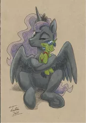 Size: 1175x1687 | Tagged: safe, artist:tsitra360, derpibooru import, princess luna, oc, oc:prince lightning chaser, pony, canon x oc, cuddling, dollsized, hug, macro, mega luna, micro, size difference, smaller male, underhoof