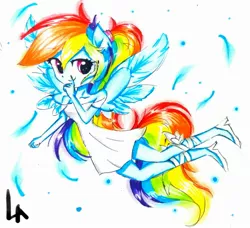 Size: 2243x2045 | Tagged: safe, artist:liaaqila, derpibooru import, rainbow dash, fairy, equestria girls, angel, clothes, dress, female, looking at you, mischief, ponied up, simple background, smiling, smirk, solo, traditional art, white background, winged humanization, wings