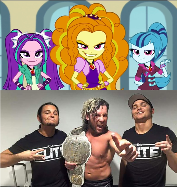 Size: 4144x4392 | Tagged: safe, derpibooru import, adagio dazzle, aria blaze, sonata dusk, equestria girls, absurd resolution, irl, kenny omega, matt jackson, nick jackson, njpw, photo, sports, the dazzlings, the elite, the young bucks, wrestling