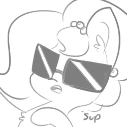 Size: 1650x1650 | Tagged: safe, artist:tjpones, derpibooru import, oc, oc:brownie bun, unofficial characters only, earth pony, pony, horse wife, bust, chest fluff, dialogue, ear fluff, grayscale, monochrome, simple background, solo, sunglasses, swag, white background