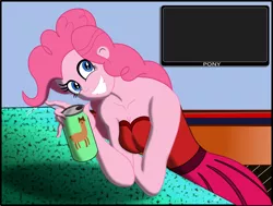 Size: 2574x1949 | Tagged: safe, artist:physicrodrigo, derpibooru import, part of a set, pinkie pie, llama, equestria girls, bar, can, clothes, dress, grin, part of a series, smiling, solo, story in the source, television, transformation, transformation sequence