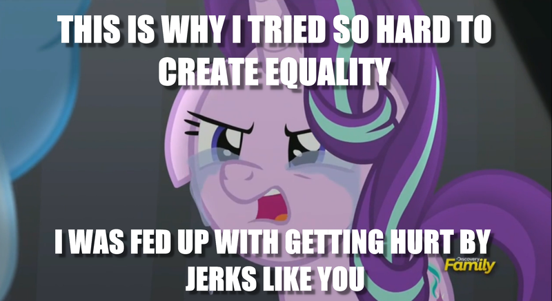 Size: 2535x1385 | Tagged: safe, derpibooru import, edit, edited screencap, screencap, starlight glimmer, pony, no second prances, bully, bullying, crying, floppy ears, image macro, meme, sad, that explains everything, upset, woobie