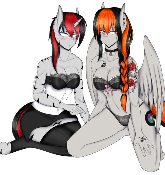 Size: 4326x4579 | Tagged: suggestive, artist:cannoncar, derpibooru import, oc, oc:cannon car, oc:diamond brit, unofficial characters only, anthro, pegasus, unguligrade anthro, unicorn, zebra, absurd resolution, anthro oc, blushing, bra, breasts, cleavage, clothes, commission, duo, duo female, ear piercing, female, kneeling, mare, panties, piercing, scar, simple background, transparent background, underwear