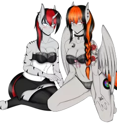 Size: 4326x4579 | Tagged: suggestive, artist:cannoncar, derpibooru import, oc, oc:cannon car, oc:diamond brit, unofficial characters only, anthro, pegasus, unguligrade anthro, unicorn, zebra, absurd resolution, anthro oc, blushing, bra, breasts, cleavage, clothes, commission, duo, duo female, ear piercing, female, kneeling, mare, panties, piercing, scar, simple background, transparent background, underwear