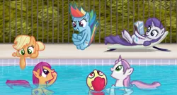 Size: 1062x575 | Tagged: safe, artist:heartlyrosalie, derpibooru import, apple bloom, applejack, rainbow dash, rarity, scootaloo, sweetie belle, pony, cannonball, cute, cutie mark, cutie mark crusaders, female, filly, scootalove, swimming pool, the cmc's cutie marks, water, wingless