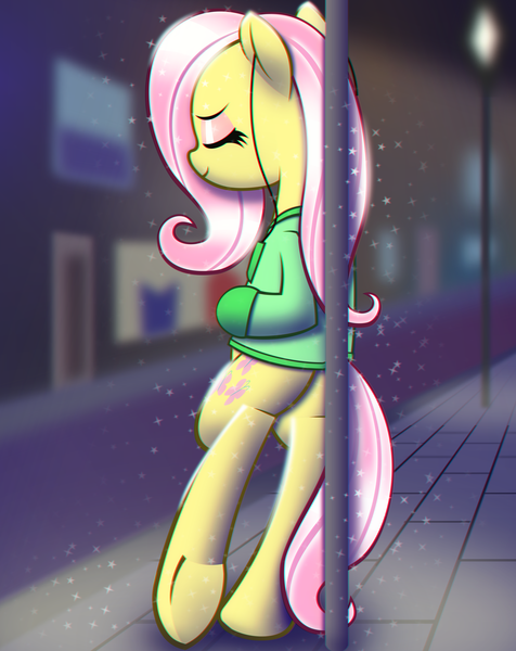 Size: 5000x6300 | Tagged: absurd resolution, artist:t.f.a.n.c.s., clothes, derpibooru import, earbuds, eyes closed, eyeshadow, female, fluttershy, lamppost, leaning, makeup, mare, mittens, night, pegasus, safe, semi-anthro, sidewalk, smiling, solo, street, sweater, underhoof