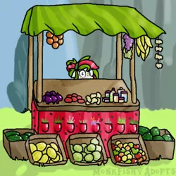 Size: 400x400 | Tagged: safe, artist:monkfishyadopts, derpibooru import, oc, oc:watermelana, unofficial characters only, pony, rainbow falls, apple, blushing, food, fruit, fruit stand, garlic, grapes, herbs, lemon, lime, melon, onion, orange, potato, shop, shy, solo, stall, tomato, vitamins, watermelon