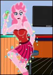 Size: 1801x2513 | Tagged: safe, artist:physicrodrigo, derpibooru import, part of a set, pinkie pie, human, llama, equestria girls, bar, can, clothes, dress, gasp, growth, magic, open mouth, part of a series, solo, story in the source, surprised, television, transformation, transformation sequence, wool