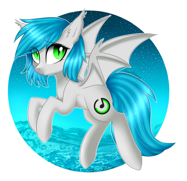 Size: 1605x1549 | Tagged: safe, artist:queenofsilvers, derpibooru import, oc, oc:lorris, oc:power note, unofficial characters only, bat pony, pony, bat pony oc, commission, cute, fangs, female, green eyes, lorris, lorrismusic, mare, slit eyes, solo, starry night, stars