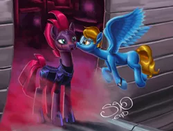 Size: 4098x3096 | Tagged: source needed, safe, artist:saoeqd, derpibooru import, tempest shadow, oc, oc:blaine, pegasus, pony, unicorn, my little pony: the movie, airship, armor, blushing, broken horn, canon x oc, eye scar, female, flying, fog, glasses, kiss on the cheek, kissing, male, mare, open mouth, scar, spread wings, stallion, straight, watch, wings