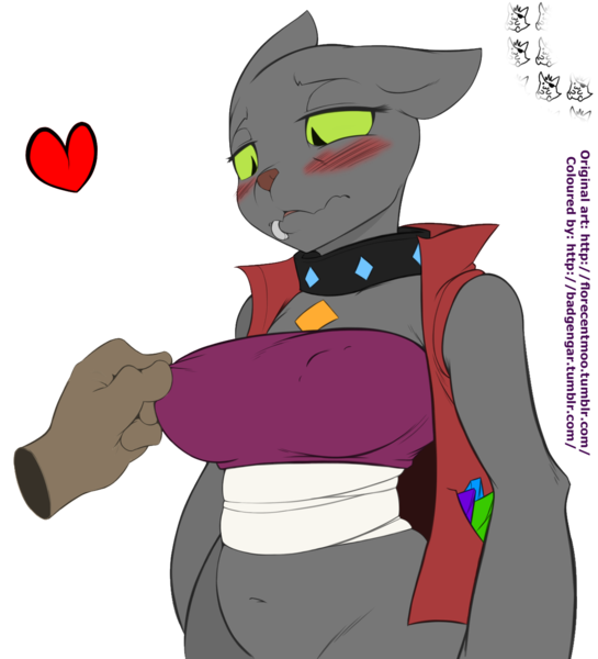 Size: 1280x1408 | Tagged: questionable, artist:badgengar, artist:florecentmoo, derpibooru import, edit, rover, anthro, diamond dog, bandage, belly button, big breasts, blushing, bottomless, breasts, clothes, collar, colored, dialogue, disembodied hand, female, female diamond dog, femrover, hand, heart, image, jacket, lip piercing, looking down, nipple pinch, partial nudity, piercing, png, rule 63, simple background, transparent background