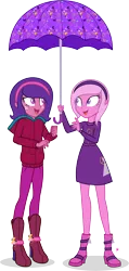 Size: 5463x11501 | Tagged: safe, artist:illumnious, derpibooru import, oc, oc:aura midnight, oc:flares midnight, unofficial characters only, equestria girls, absurd resolution, duo, female, looking at each other, simple background, smiling, transparent background, umbrella, vector
