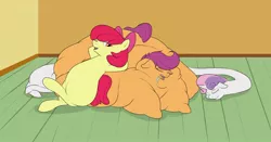 Size: 1280x669 | Tagged: suggestive, artist:astr0zone, derpibooru import, apple bloom, scootaloo, sweetie belle, earth pony, pegasus, pony, unicorn, arm behind head, belly, belly bed, bingo wings, chubby cheeks, clubhouse, crusaders clubhouse, cutie mark crusaders, drool, eyes closed, fat, floppy ears, impossibly large belly, impossibly long neck, long neck, lying down, morbidly obese, nap, necc, obese, older, older apple bloom, open mouth, prone, reclining, rolls of fat, scootalard, sleeping, sweetie giraffe, trio, twisted neck