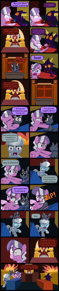 Size: 2000x9875 | Tagged: safe, artist:magerblutooth, derpibooru import, diamond tiara, silver spoon, oc, oc:dazzle, oc:il, cat, imp, pony, comic:diamond and dazzle, ace attorney, comic, court, courtroom, crossover, glasses, judge, trial