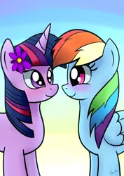 Size: 2480x3507 | Tagged: safe, artist:twidasher, derpibooru import, rainbow dash, twilight sparkle, pegasus, pony, unicorn, blushing, female, flower, flower in hair, gradient background, lesbian, looking at each other, shipping, smiling, twidash