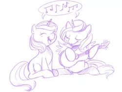 Size: 831x632 | Tagged: safe, artist:heart-of-stitches, derpibooru import, oc, unofficial characters only, alicorn, pony, unicorn, female, guitar, mare, monochrome, singing