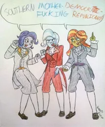 Size: 2432x2957 | Tagged: safe, artist:erenerakhard, deleted from derpibooru, derpibooru import, starlight glimmer, sunset shimmer, trixie, equestria girls, aaron burr, dialogue, hamilton, james madison, thomas jefferson, traditional art, vulgar