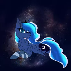 Size: 2560x2560 | Tagged: safe, artist:brokensilence, derpibooru import, princess luna, alicorn, pony, chest fluff, clothes, ethereal mane, eyeshadow, lying down, makeup, one eye closed, prone, simple background, socks, solo, space, striped socks, tongue out, wink
