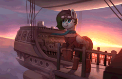 Size: 750x488 | Tagged: safe, artist:rodrigues404, derpibooru import, oc, oc:gryph xander, unofficial characters only, pegasus, pony, airship, animated, cinemagraph, clothes, commission, gif, goggles, male, scarf, ship, smiling, solo, stallion, sunset