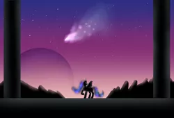 Size: 1845x1255 | Tagged: safe, artist:chiptunebrony, derpibooru import, nightmare moon, alicorn, pony, atg 2017, atmospheric, glowing eyes, mountain, newbie artist training grounds, night, night sky, pillar, planet, shooting star, silhouette, sky, space, temple