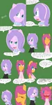 Size: 1600x3200 | Tagged: suggestive, artist:jake heritagu, derpibooru import, diamond tiara, scootaloo, pony, comic:ask motherly scootaloo, blushing, blushing profusely, clothes, comic, dress, hairpin, motherly scootaloo