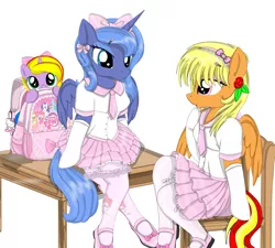 Size: 4000x3600 | Tagged: safe, artist:avchonline, derpibooru import, princess luna, oc, oc:princess lucyan, oc:sean, alicorn, anthro, pegasus, unicorn, anthro with ponies, arm hooves, backpack, bipedal, bow, canterlot royal ballet academy, clothes, crossdressing, cute, dress, ear piercing, earring, female, gloves, hair bow, headband, hello kitty, image, jewelry, jpeg, long gloves, male, mary janes, my melody, pantyhose, piercing, pink, s1 luna, sanrio, school uniform, schoolgirl, sitting, skirt, toy, trio