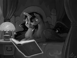 Size: 1800x1350 | Tagged: safe, artist:amarynceus, deleted from derpibooru, derpibooru import, princess luna, twilight sparkle, alicorn, pony, bed, book, commission, female, horns are touching, lesbian, mare, monochrome, patreon reward, prone, reading, shipping, smiling, twiluna