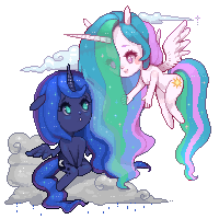 Size: 200x200 | Tagged: alicorn, anthro, artist:getanimated, cheering up, chibi, cloud, comforting, cute, derpibooru import, female, flowy mane, lunabetes, pixel art, princess celestia, princess luna, rain, safe, simple background, sky, transparent background, wavy mane