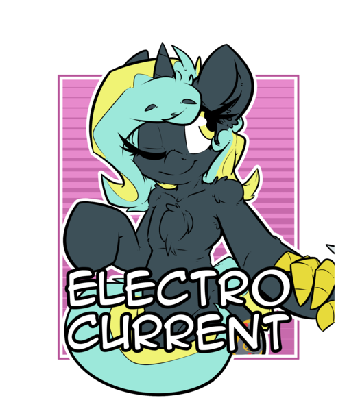 Size: 2100x2400 | Tagged: safe, artist:bbsartboutique, derpibooru import, oc, oc:electro current, unofficial characters only, unicorn, badge, con badge, digital multimeter, holding hands, looking at each other, one eye closed, text