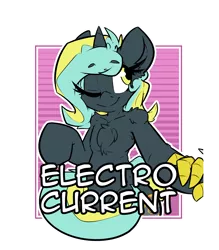 Size: 2100x2400 | Tagged: safe, artist:bbsartboutique, derpibooru import, oc, oc:electro current, unofficial characters only, unicorn, badge, con badge, digital multimeter, holding hands, looking at each other, one eye closed, text