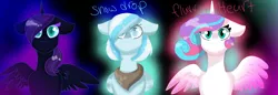 Size: 4144x1428 | Tagged: safe, artist:javierdf, derpibooru import, princess flurry heart, oc, oc:nyx, oc:snowdrop, alicorn, pegasus, pony, clothes, female, glow, horn, scarf, simple background, spread wings, trio, wings