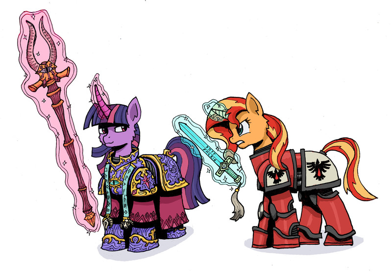 Size: 2974x2067 | Tagged: safe, artist:sensko, derpibooru import, sunset shimmer, twilight sparkle, pony, ahzek ahriman, armor, atg 2017, blood ravens, crossover, female, high res, librarian, magic, mare, newbie artist training grounds, power armor, power sword, psyker, simple background, space marine, staff, sword, thousand sons, traditional art, warhammer (game), warhammer 40k, weapon, white background