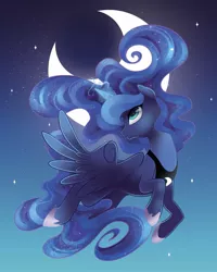 Size: 1024x1280 | Tagged: safe, artist:steffy-beff, derpibooru import, princess luna, alicorn, pony, crescent moon, cute, ethereal mane, female, flying, glowing horn, lunabetes, mare, moon, night, sky, smiling, solo, spread wings, starry mane, stars, wings