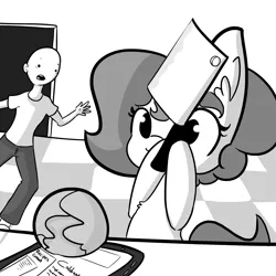 Size: 1650x1650 | Tagged: safe, artist:tjpones, derpibooru import, oc, oc:brownie bun, oc:richard, unofficial characters only, earth pony, human, pony, horse wife, bald, cabbage, doorway, duo, ear fluff, female, food, grayscale, human male, kitchen, male, mare, meat cleaver, monochrome, stupidity, tablet, this will end in divorce, this will end in property damage
