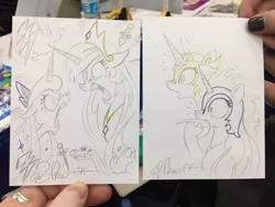 Size: 1024x768 | Tagged: safe, artist:andypriceart, derpibooru import, daybreaker, nightmare moon, princess celestia, princess luna, alicorn, pony, bronycon, bronycon 2017, andy you magnificent bastard, argument, colored pencil drawing, covering mouth, crown, female, grawlixes, horns are touching, implied vulgar, irony, jewelry, knife, lightning, mare, pencil drawing, regalia, role reversal, skull, traditional art, you got it backwards